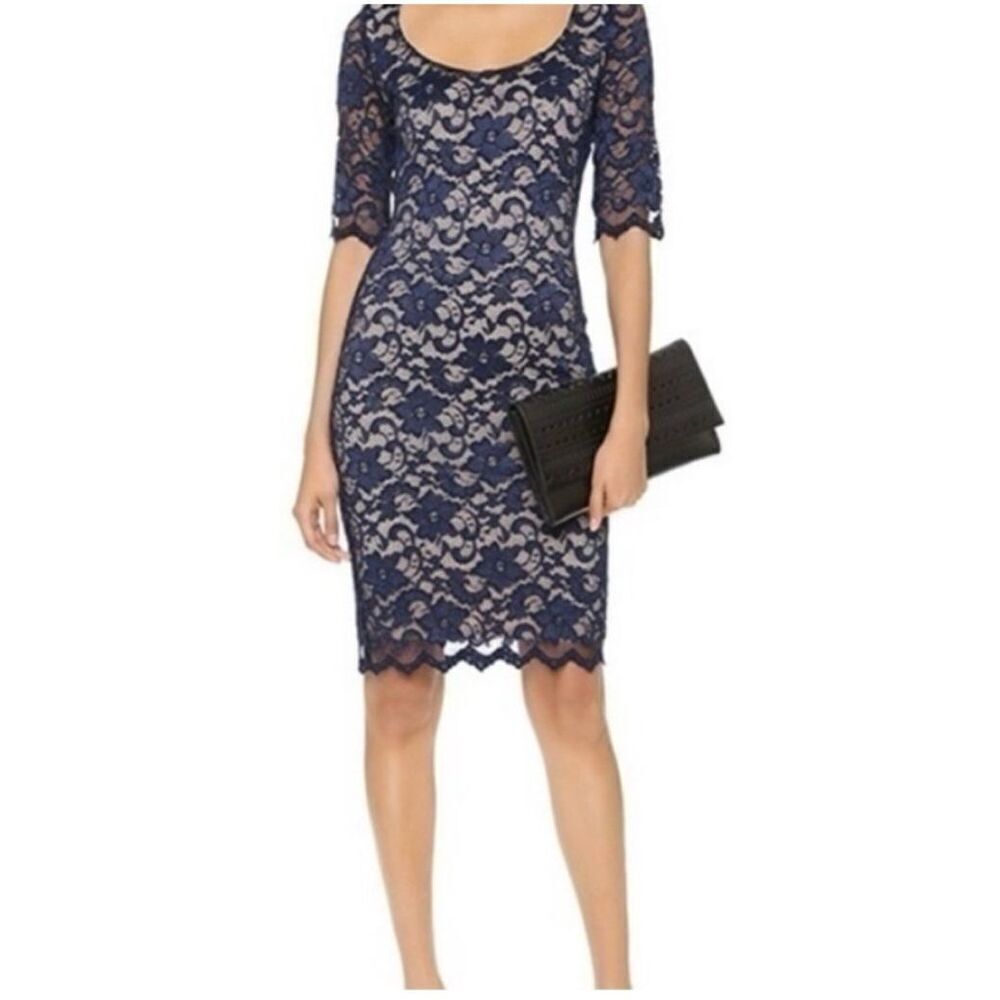 Badgley Mischka Size 2 Lace Overlay Sheath Dress Blue Cream Semi Formal Glam